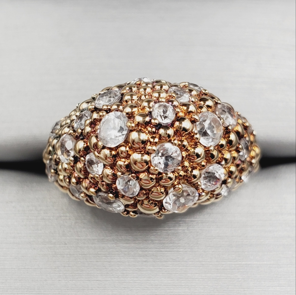 Genuine Round White Topaz 925 Sterling Silver - Gold Bubble Dome Flower Ring
